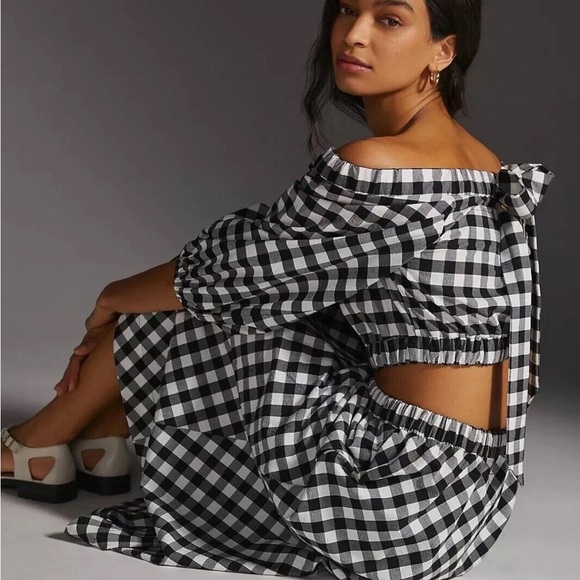 NWT Anthropologie Maeve Gingham Crop Top Midi Skirt Set Black White SIZE SMALL - Picture 2 of 12